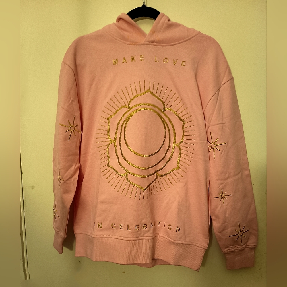 Miracles Manifester Affirmation Hoodie Pink SM NWT Gold Embroidered "Make Love"